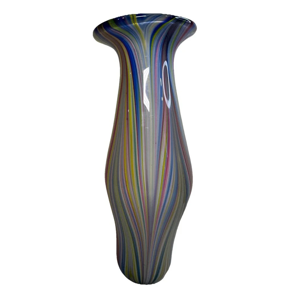 Hand Blown Rainbow Striped Art Glass Vase Tall Hourglass Multicolor 18.5 Inch